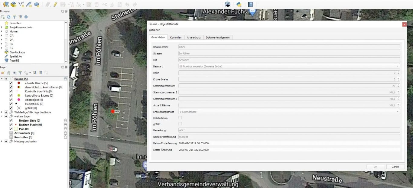 Klickt der Kontrolleur auf den ausgesuchten Baum, öffnet sich ein Fenster mit den Grunddaten. Hier werden Baumart, Alter Höhe und Breite sowie das Aufnahmedatum gespeichert. Klickt der Kontrolleur auf den ausgesuchten Baum, öffnet sich ein Fenster mit den Grunddaten. Hier werden Baumart, Alter Höhe und Breite sow